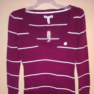 Aeropostale burgundy white striped V Neck Sweater